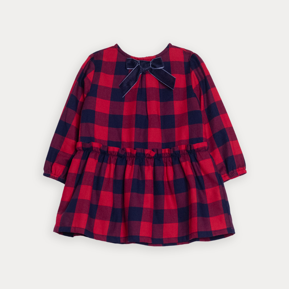 Vestido De Flannel Twill Con Estampado De Cuadros Vinotinto Y Azul Marino Para Bebe Niña