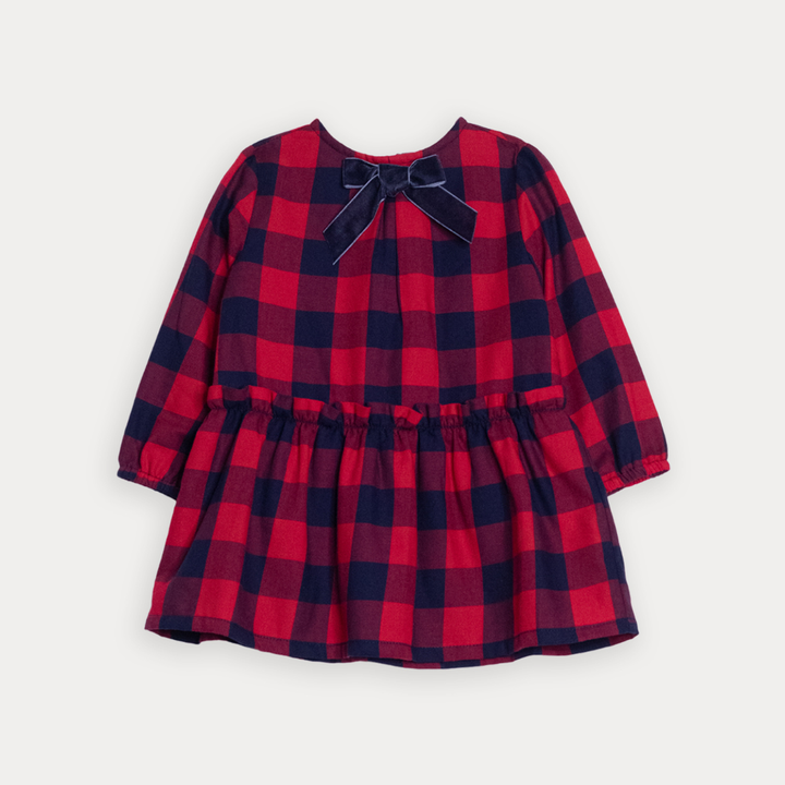 Vestido De Flannel Twill Con Estampado De Cuadros Vinotinto Y Azul Marino Para Bebe Niña