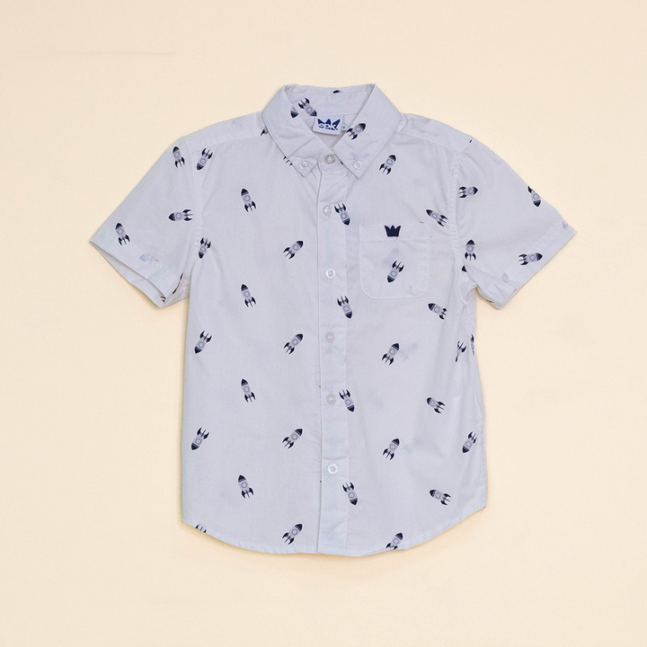 Camisa Blanca Manga Corta de Popelina con Estampado de Cohetes para Niño