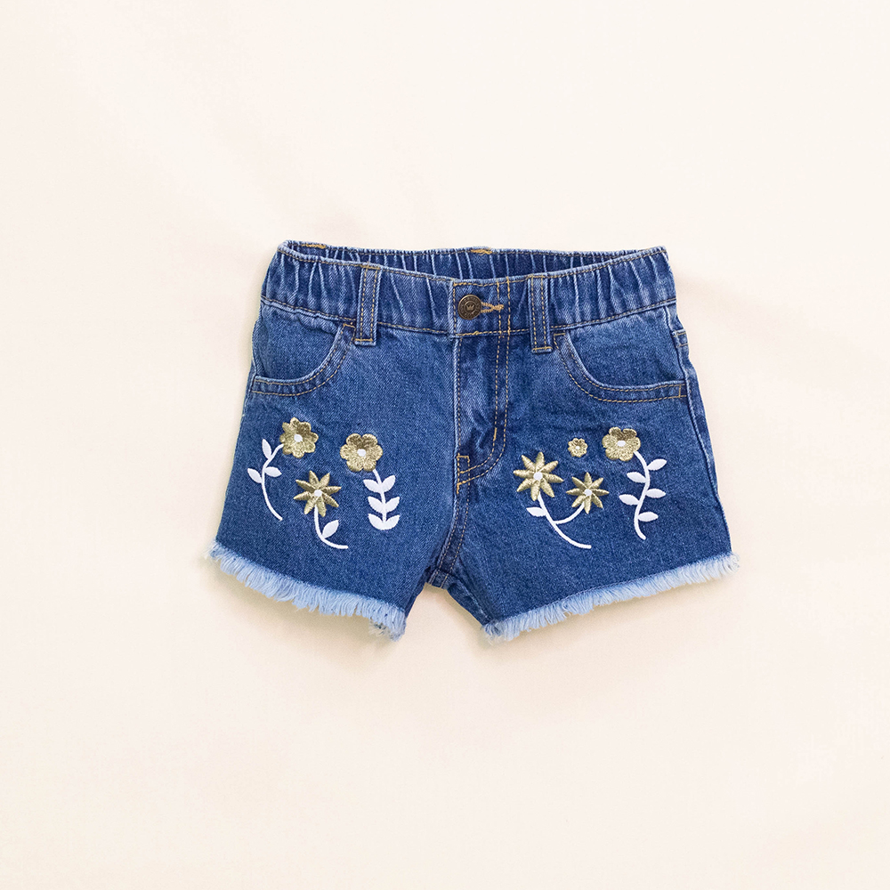 Short de Jean Azul con Bordado Dorado de Flores para Bebé Niña