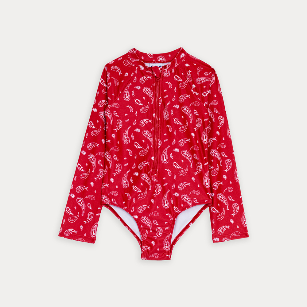 Traje De Baño Rojo Con Estampado De Bacterias Blancas Para Niña