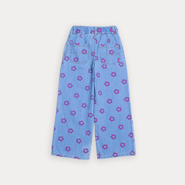 Jean Azul Claro Con Estampado De Flores Fucsia Para Niña