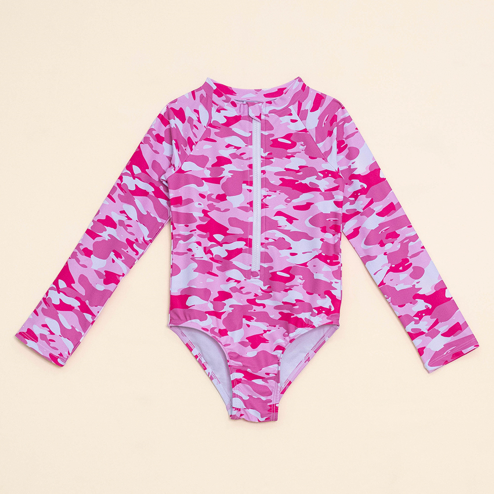 Traje de Baño Manga Larga entero con Estampado Rosado de Camuflaje para Niña