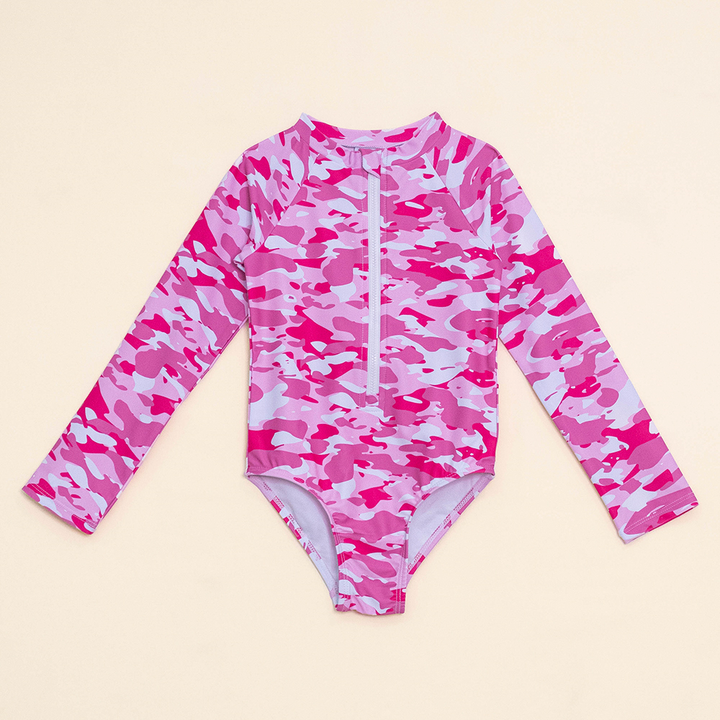 Traje de Baño Manga Larga entero con Estampado Rosado de Camuflaje para Niña