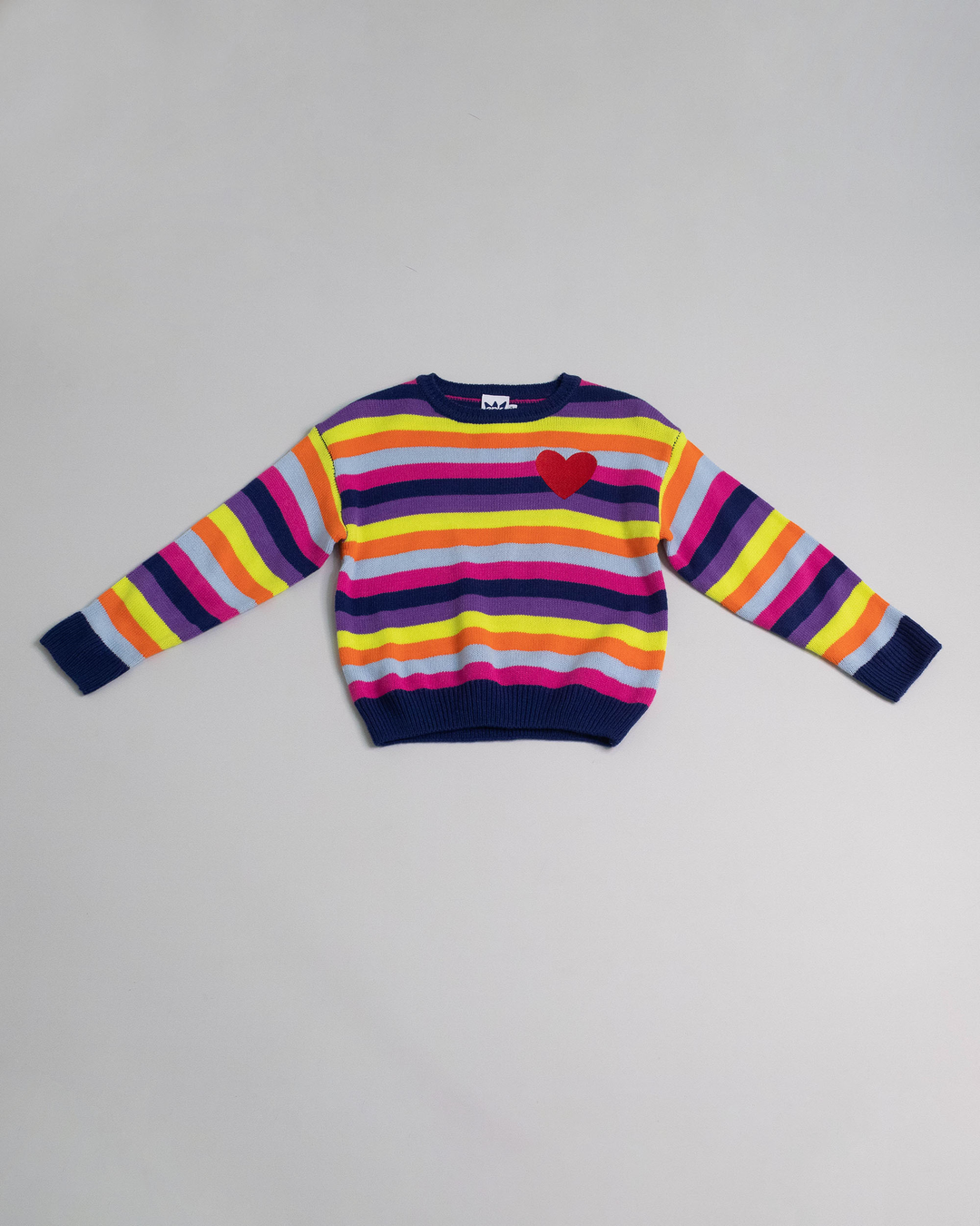 Suéter de algodón con gráfico de corazón y rayas multicolor