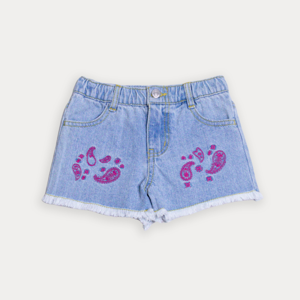 Short De Jean Azul Claro Con Bordado De Bacterias Fucsia Para Bebe Niña