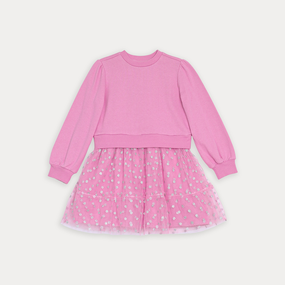 Vestido De Algodón Rosado Manga Larga Con Falda De Tull Con Estampado De Punticos Plateádos Para Niña