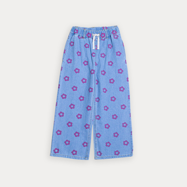 Jean Azul Claro Con Estampado De Flores Fucsia Para Niña