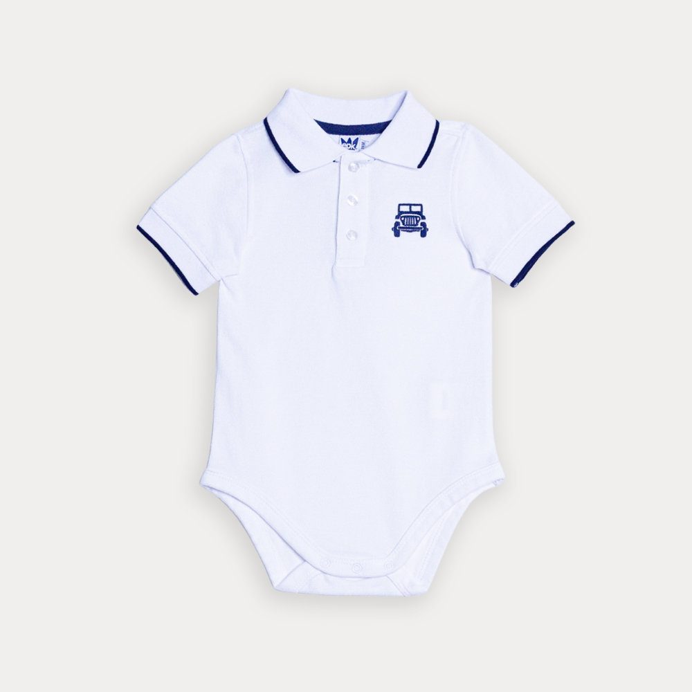 Body Chemise De Piqué Blanco Con Bordado De Carrito Para Bebe Niño