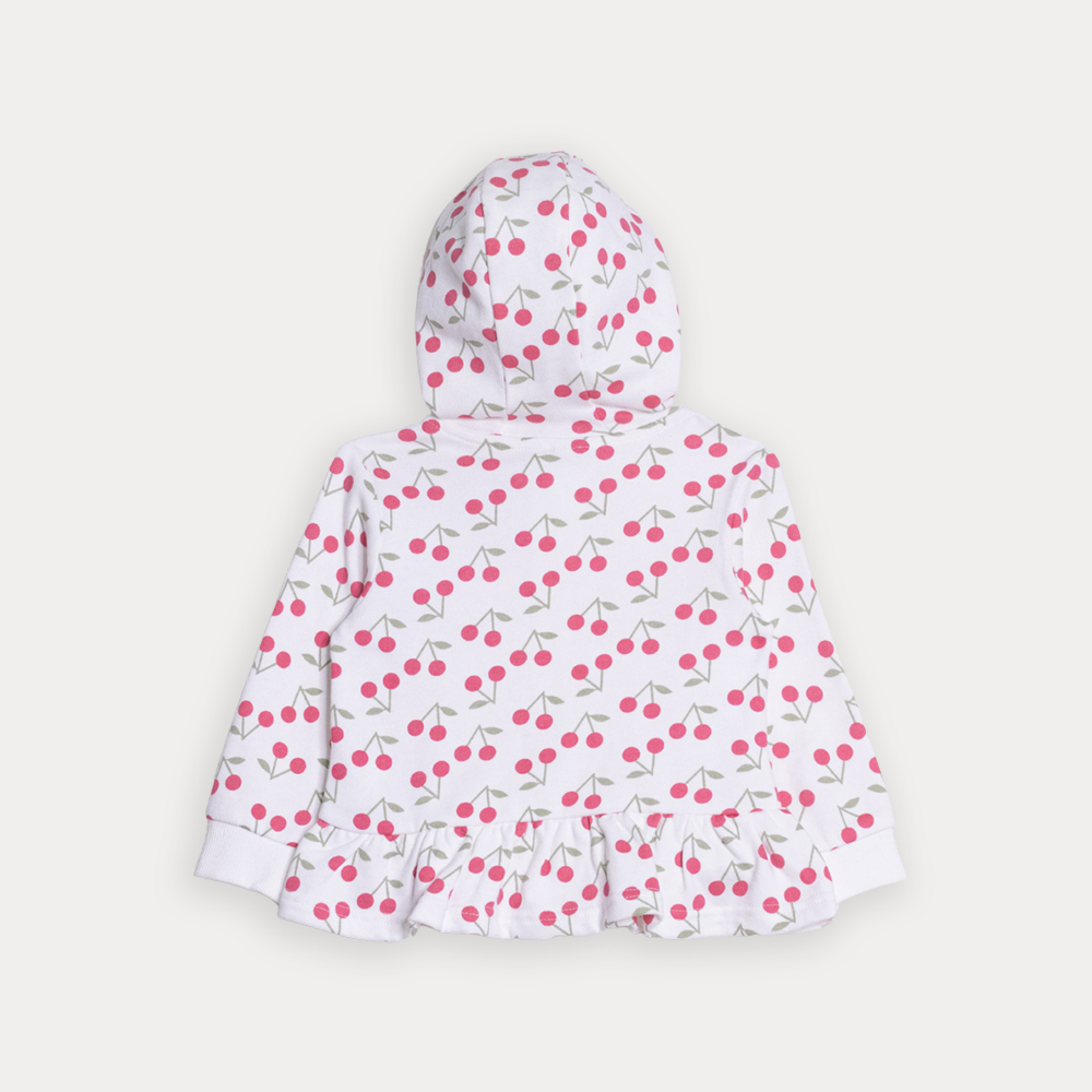 Suéter De Algodón Crema Con Estampado De Cerezas Con Cierre Y Volante Para Bebe Niña