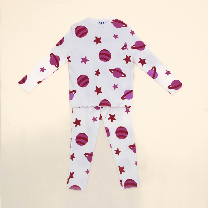 Pijama Color Hueso de Algodón con Estampado de Planetas y Estrellas Rosadas para Niña