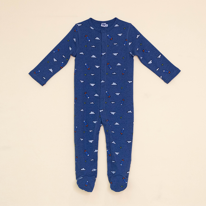 Pijama Azul de Algodón con Estampado de Nubes y Cohetes para Bebé Niño