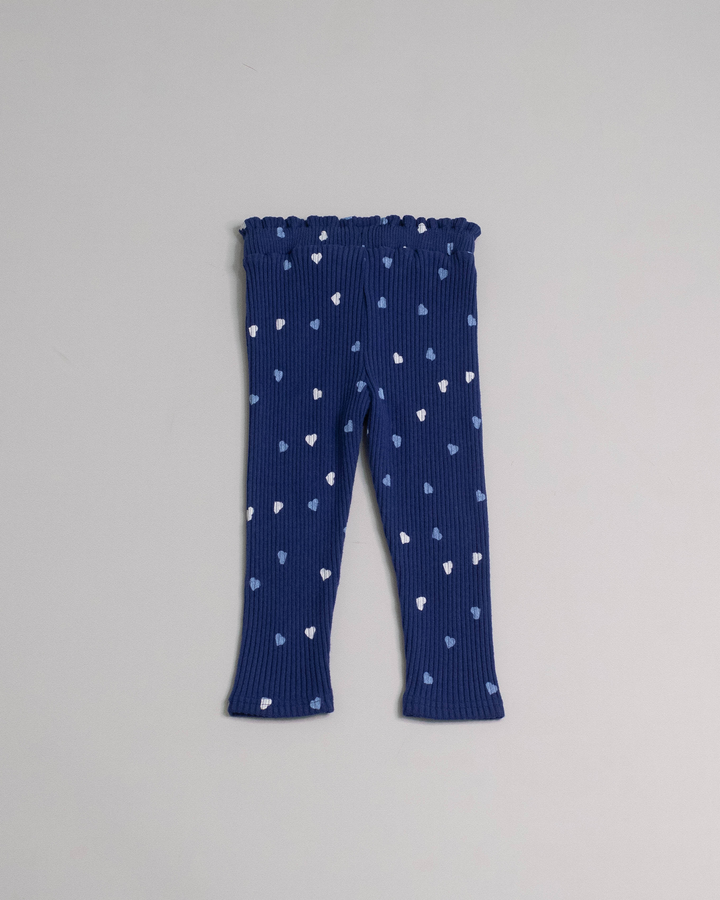 Legging azul oscuro de algodón, con plisado, ajustador y estampado de corazones