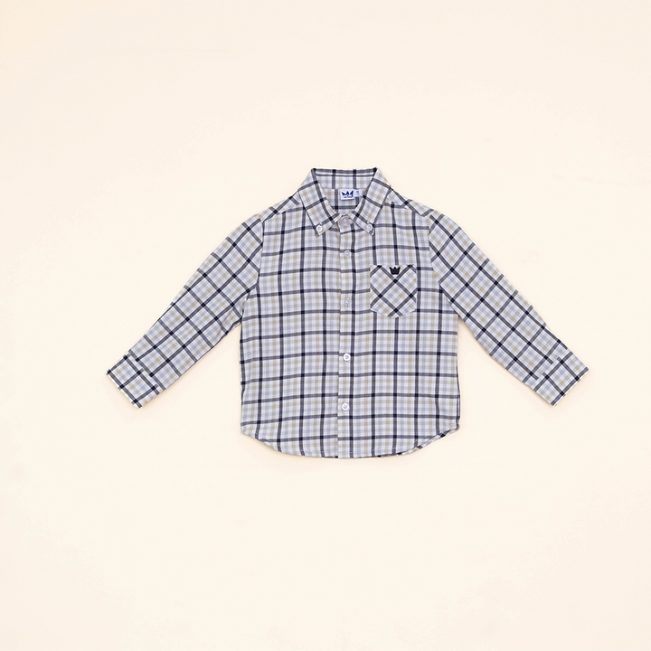Camisa Manga Larga de Flannel con Estampado de Cuadros Caqui, Negros y Grises para Bebé Niño