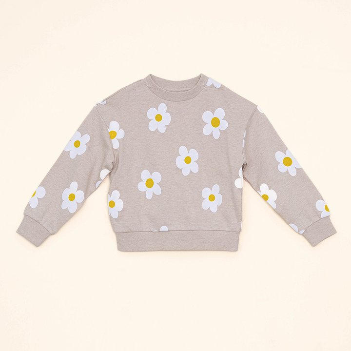 Suéter Color Crema de Algodón con Estampado Flores Blancas y Amarillas para Niña