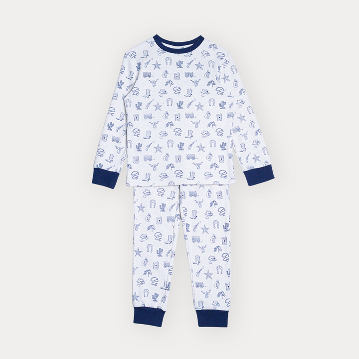 Pijama De Algodón Crema Con Estamapado Vaquero En Azul Marino Para Niño