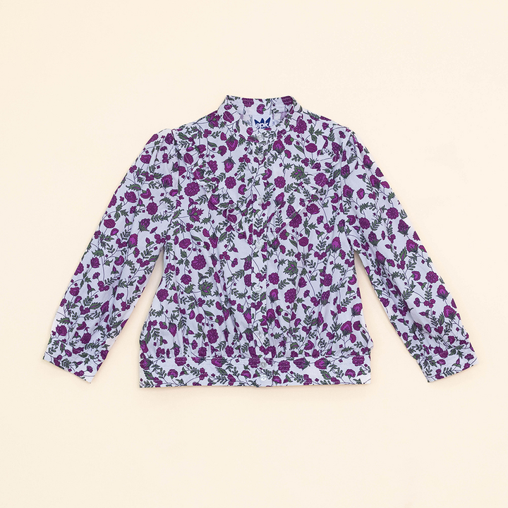 Blusa Blanca de popelina con volante y estampado de flores Moradas para Niña