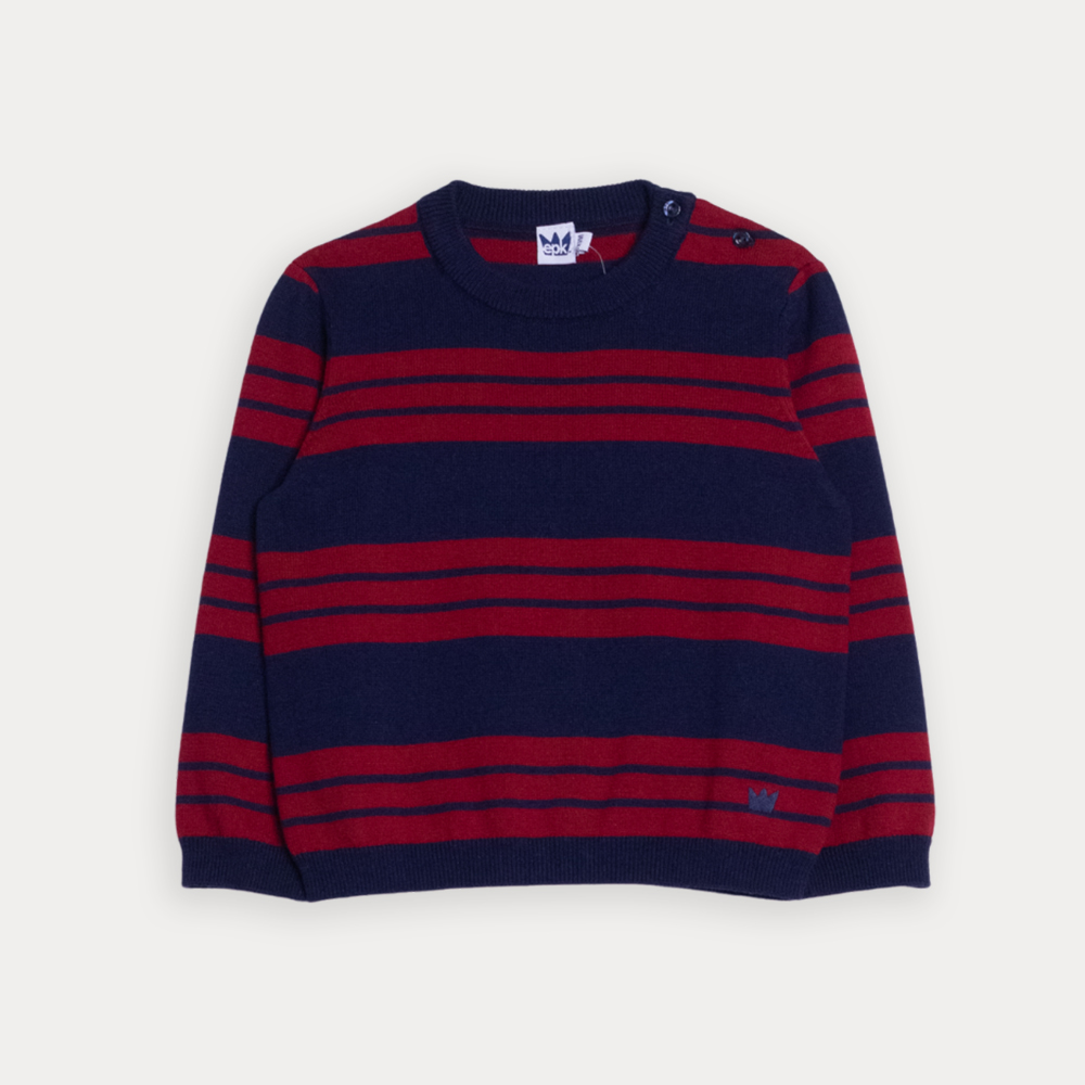 Suéter Tejido De Algodón Azul Oscuro Y Rayas Rojaspara Bebe Niño