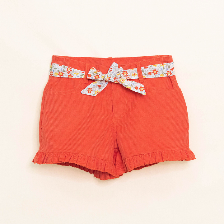 Short Anaranjado de Corduroy con Cinturón Estampado para Niña