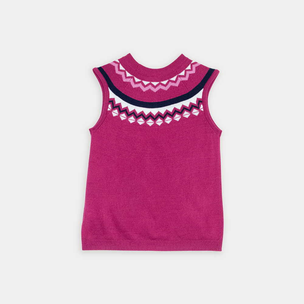 Chaleco De Algodón Tejido Fuscsia Con Detalles Azul Marino Y Blanco Para Niña