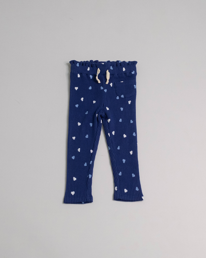 Legging azul oscuro de algodón, con plisado, ajustador y estampado de corazones
