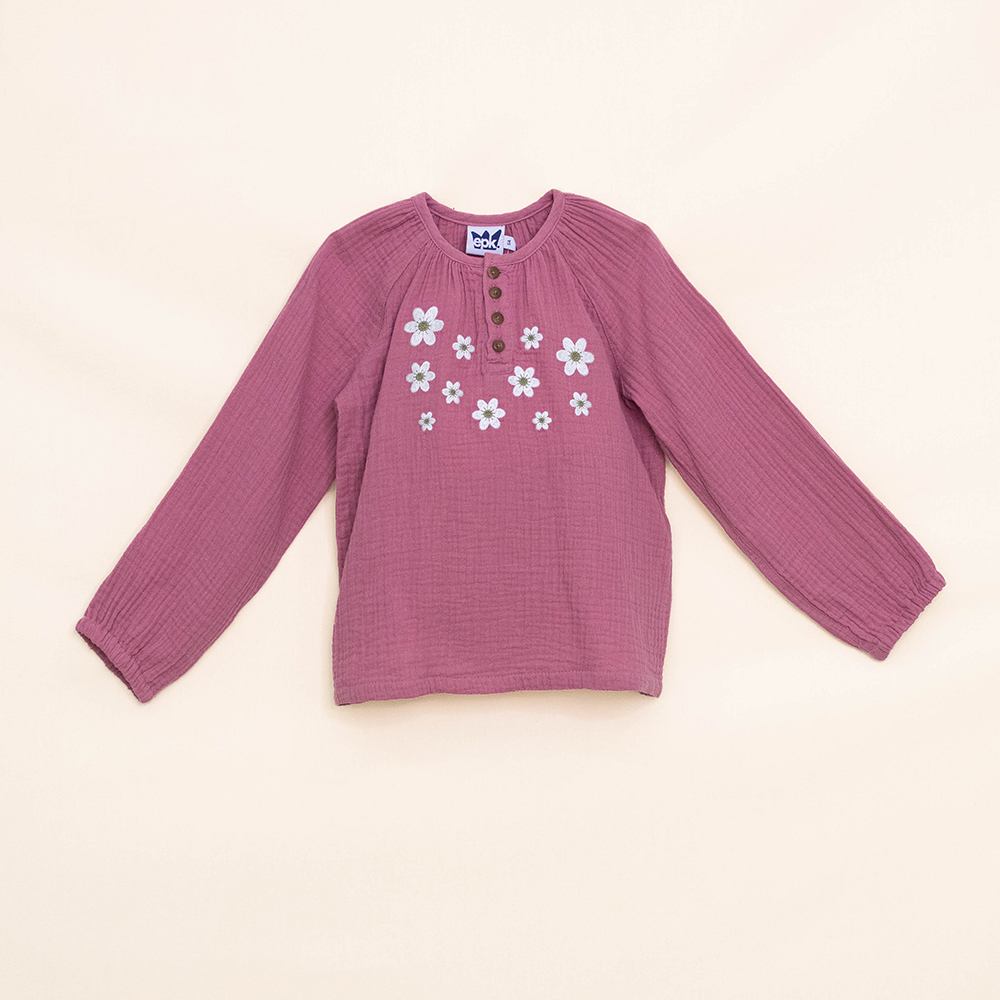 Blusa Rosada Manga Larga con Bordado de Flores para Niña