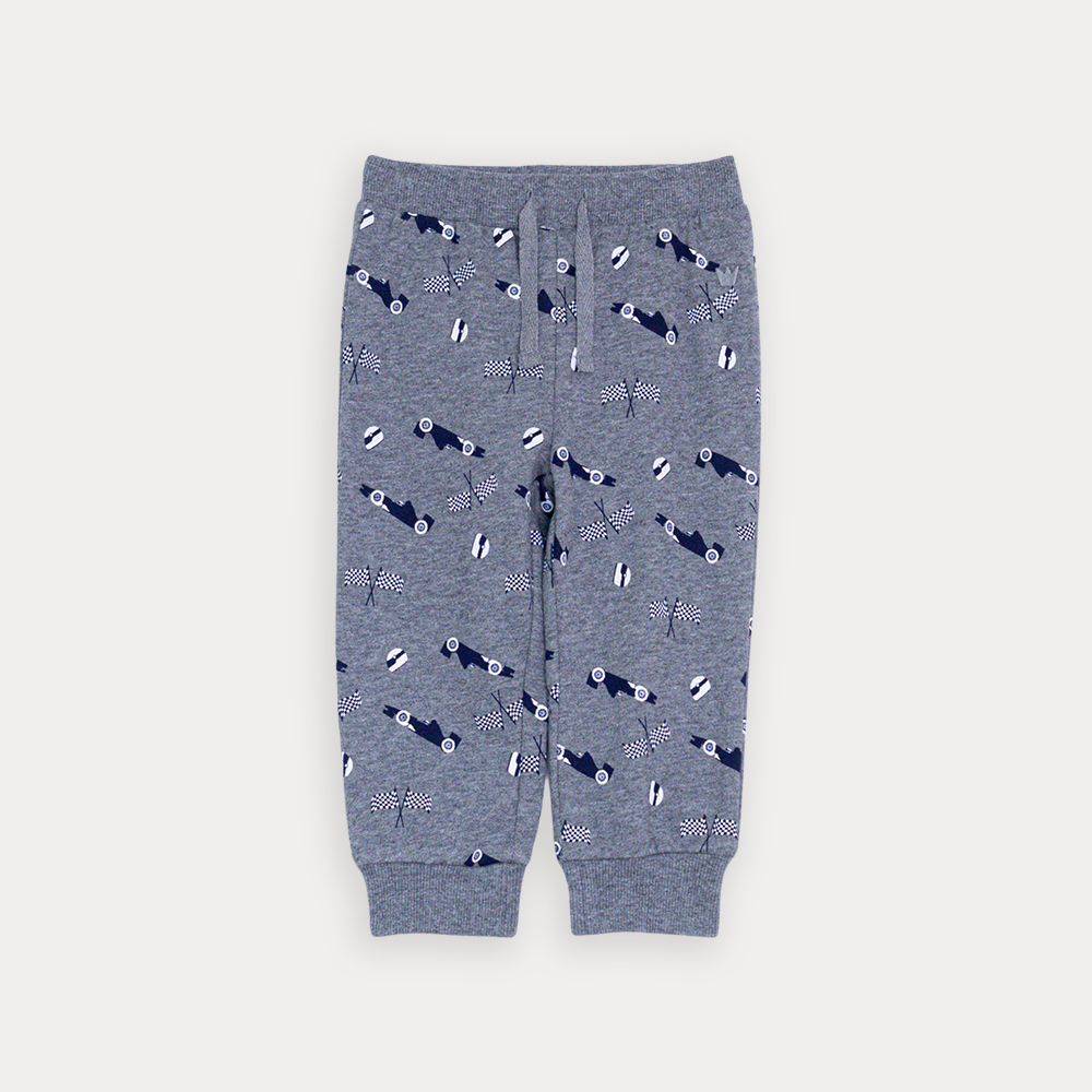 Mono De Algodón Gris Claro Con Estampado De Carritos Con Elástico En La Cintura Para Bebe Niño