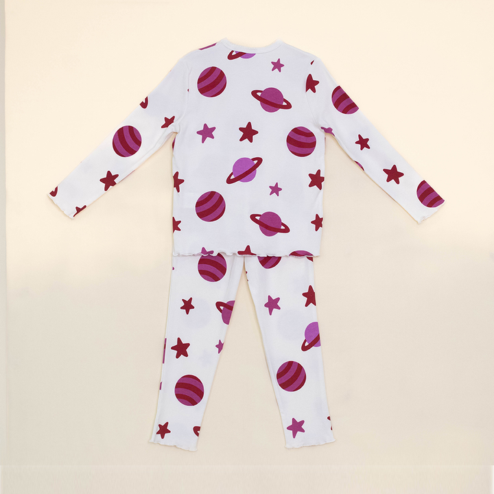 Pijama Color Hueso de Algodón con Estampado de Planetas y Estrellas Rosadas para Niña