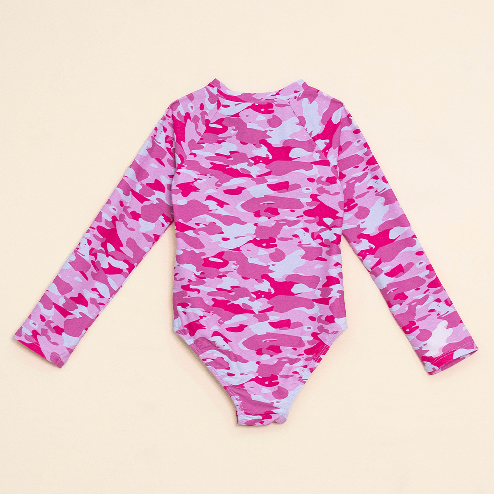 Traje de Baño Manga Larga entero con Estampado Rosado de Camuflaje para Niña