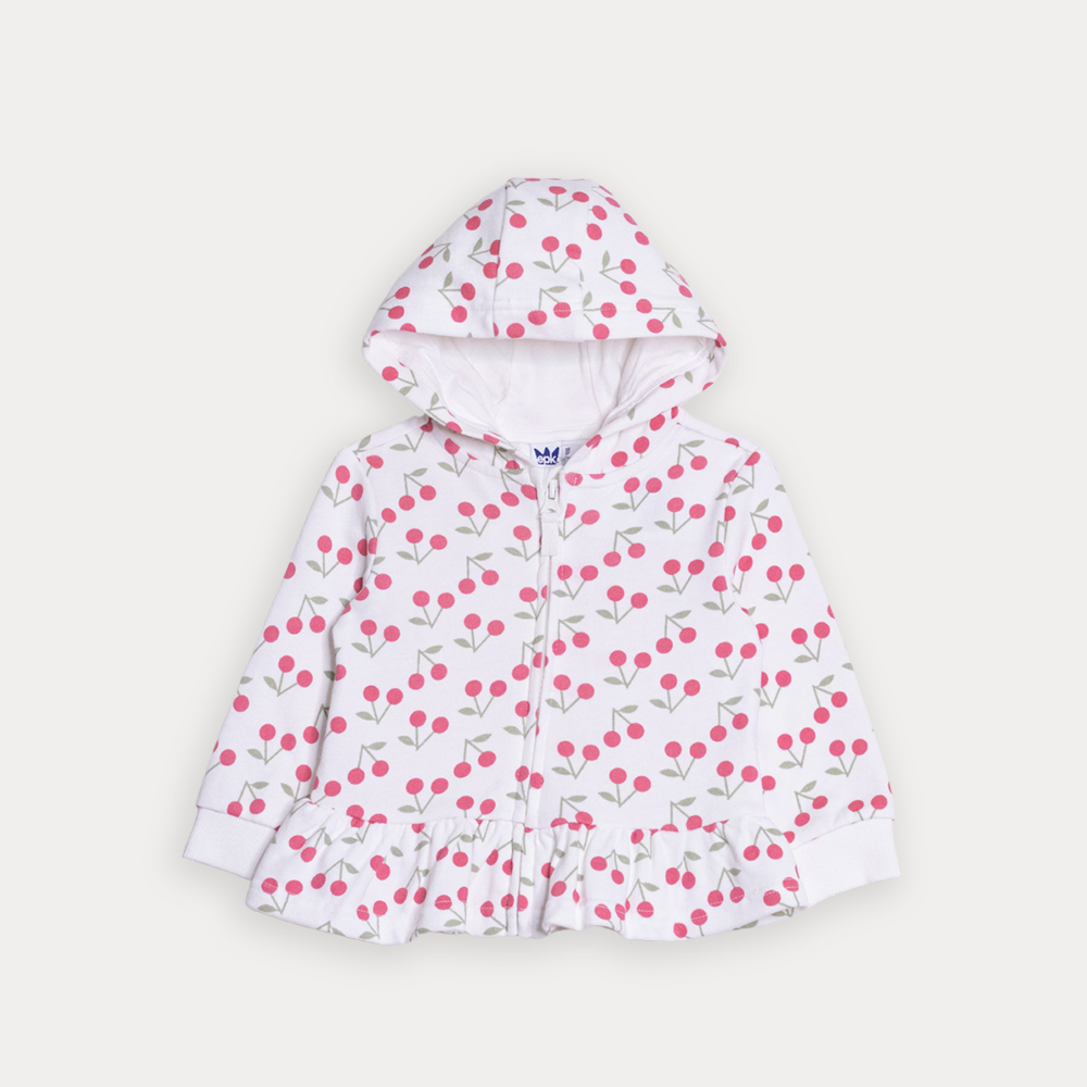 Suéter De Algodón Crema Con Estampado De Cerezas Con Cierre Y Volante Para Bebe Niña