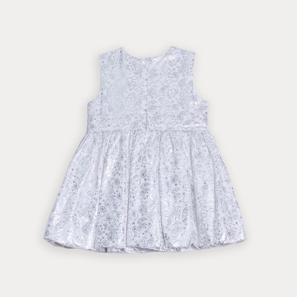 Vestido De Tela Ligera Blanco Con Estampado De Bacterias En Plateado Metálico Para Bebe Niña