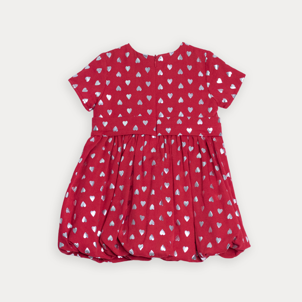 Vestido De Tela Ligera Roja Con Estampado De Corazones Plateados Metálicos Para Bebe Niña