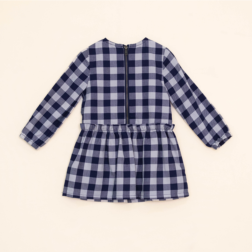 Vestido de Cuadros Azul y Crema de Twill, Manga Larga, para Bebé Niña