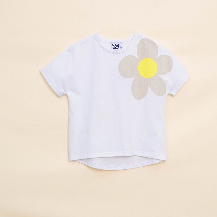 Franela Blanca de Algodón con Gráfico de Flor para Niña