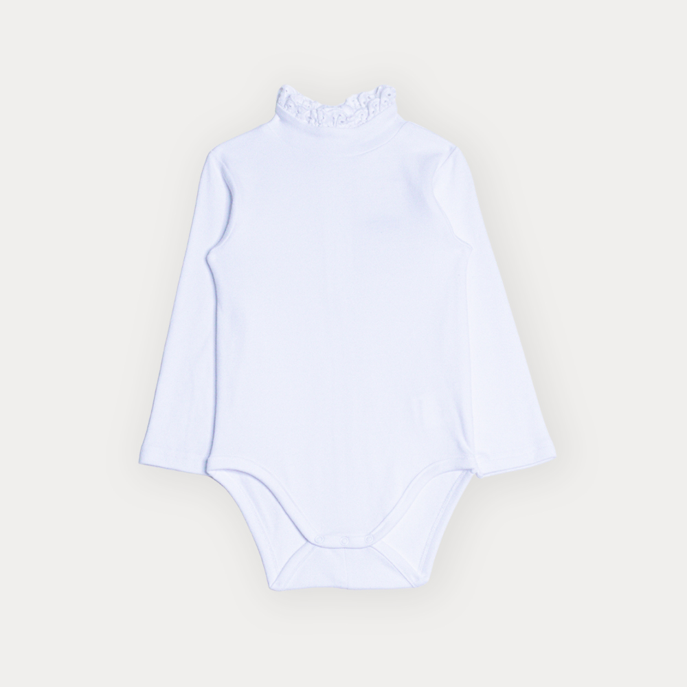 Body De Algodón Blanco Manga Larga Con Cuello Tortuga Y Detalle De Eyelet Para Bebe Niña