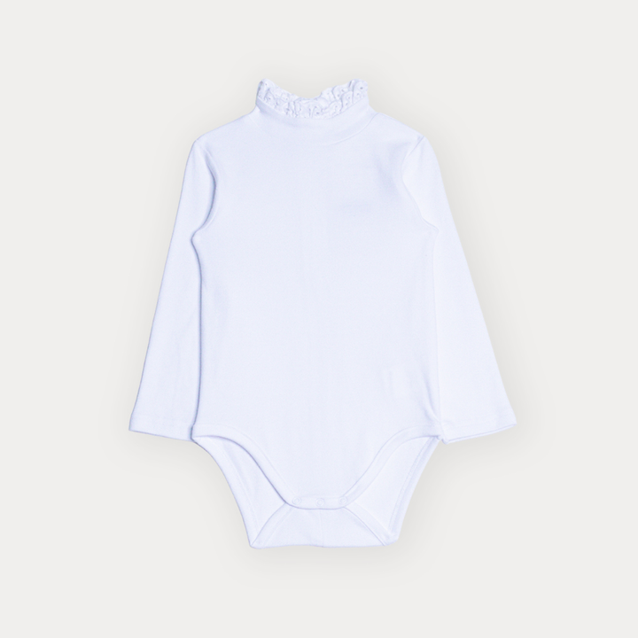 Body De Algodón Blanco Manga Larga Con Cuello Tortuga Y Detalle De Eyelet Para Bebe Niña