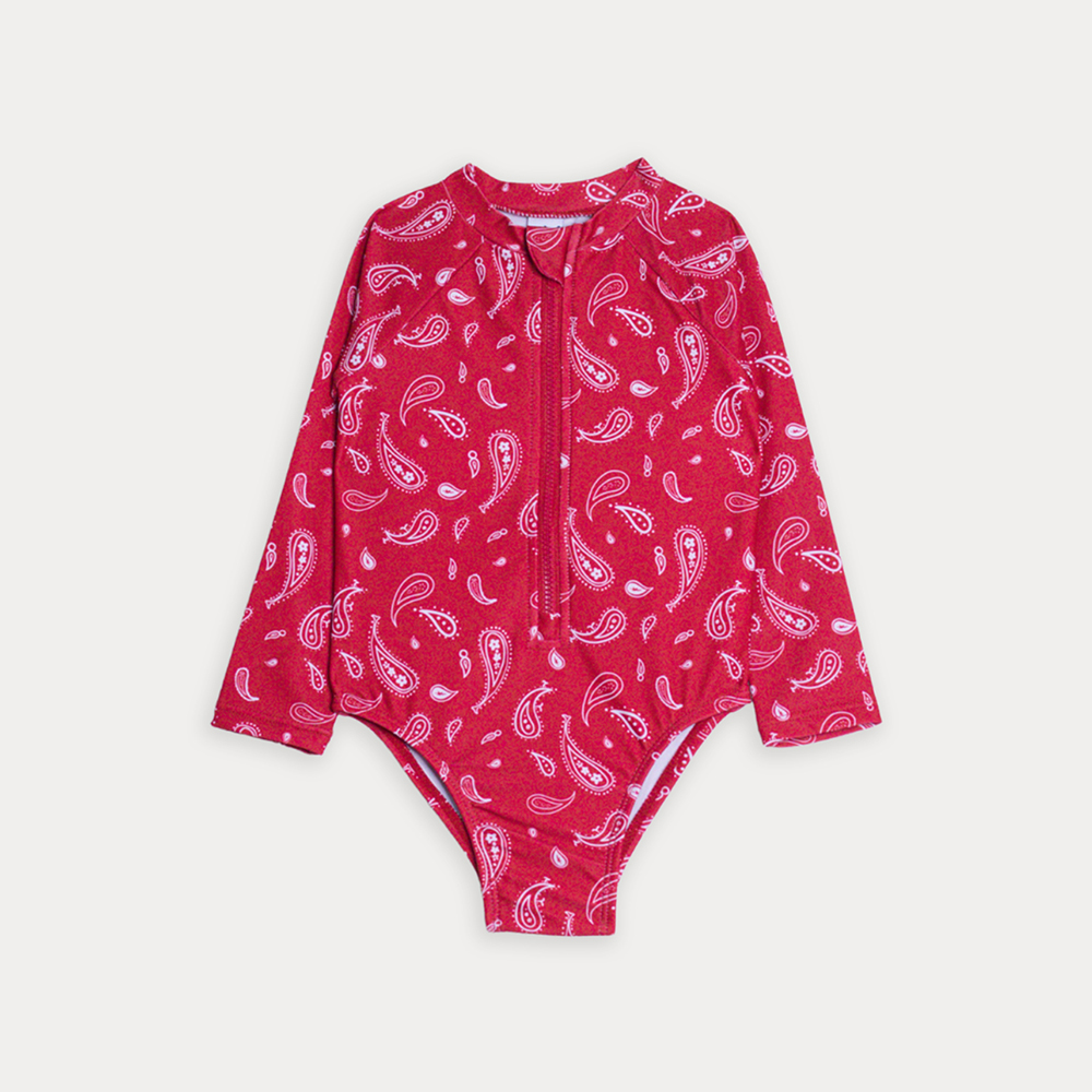 Traje De Baño Manga Larga Rojo Con Estampado De Bacterias Blancas Para Bebe Niña