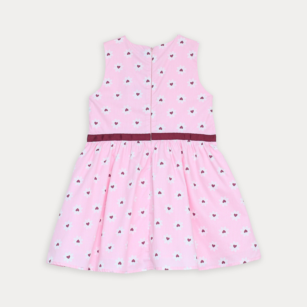 Vestido De Popelina Rosado Con Estampado De Flores Blancas Para Niña