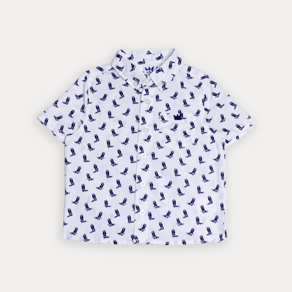 Camisa De Popelina Blanca Con Estampado De Botas Vaqueras Para Bebe Niño