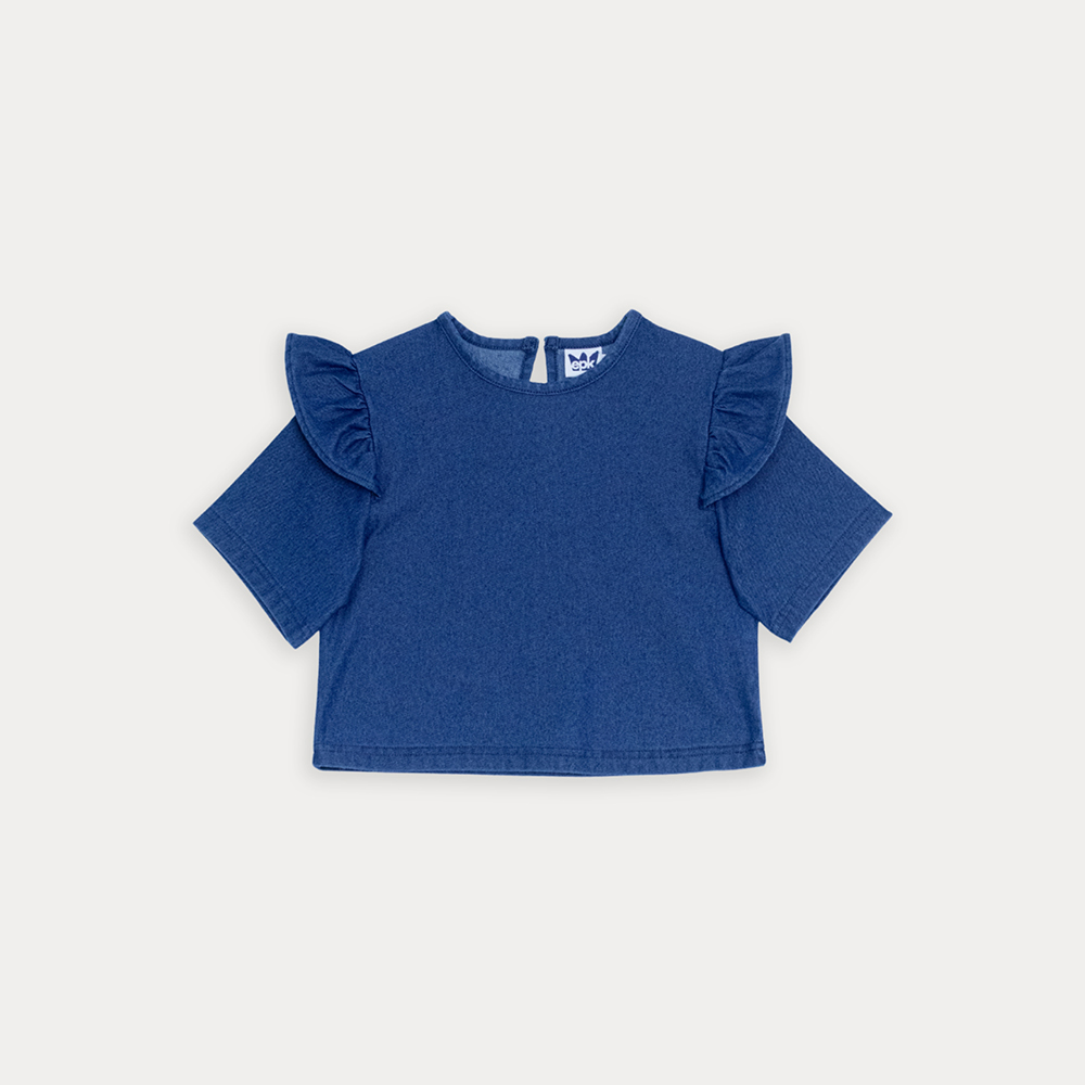 Blusa De Chambray Manga Larga Con Volantes Para Niña