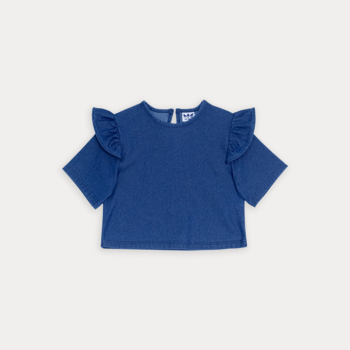 Blusa De Chambray Manga Larga Con Volantes Para Niña