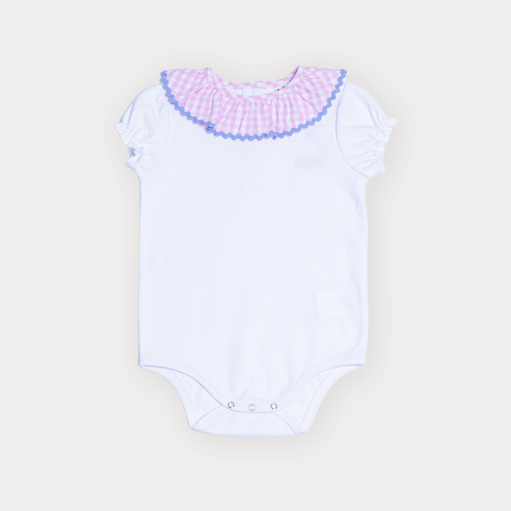 Body De Algodón Blanco Con Cuello De Popelina De Cuadros Rosados Y Detalle En Azul Claro Para Bebe Niña