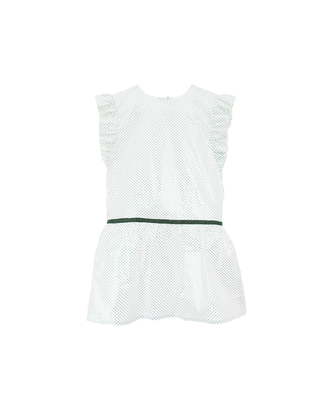 Vestido blanco con puntos verdes tornasol y cinta cintura verde terciopelo