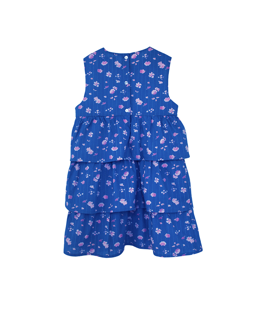 Vestido azul con flores y volantes en falda