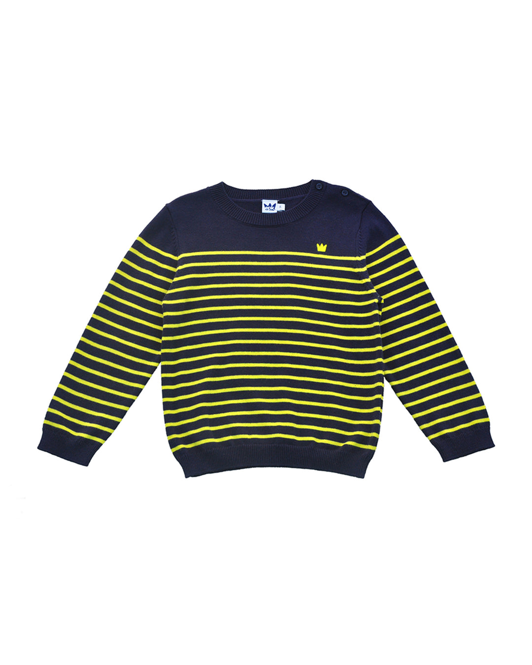 Suéter azul marino con rayas amarillas