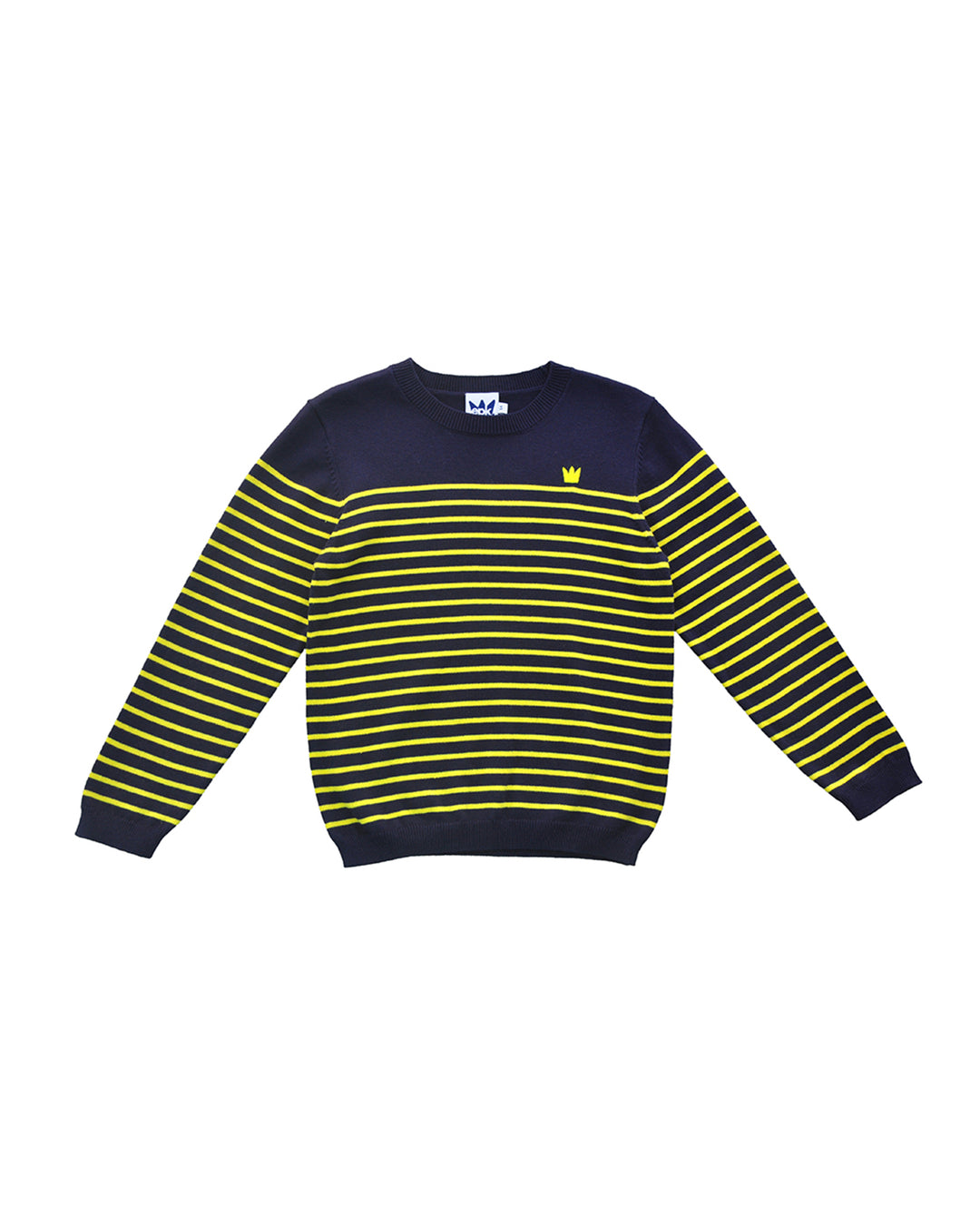Suéter azul marino con rayas amarillas