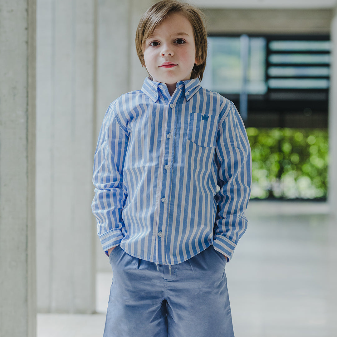 Camisa manga larga con rayas azules y rosadas