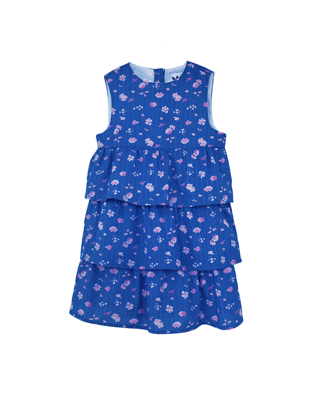 Vestido azul con flores y volantes en falda