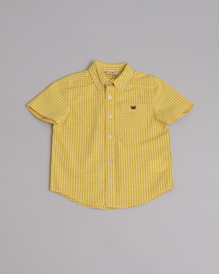 Camisa manga corta de popelina con estampado de vichy amarillo