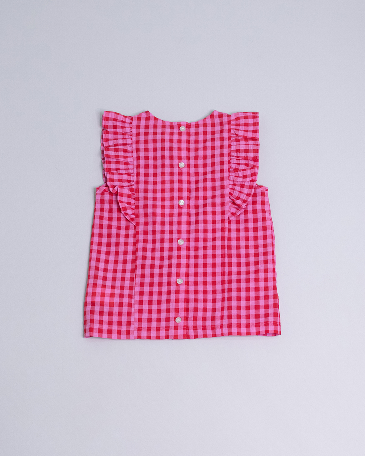 Blusa sin mangas de cuadros rojos y rosados